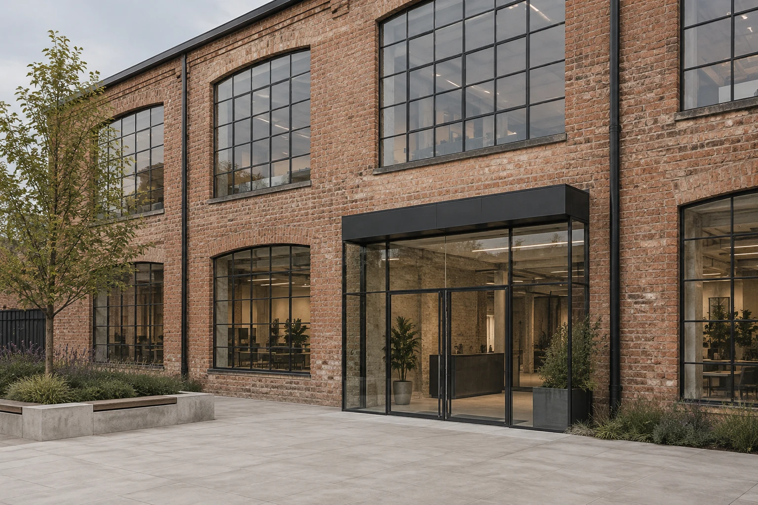 Illustrative brick commercial building with industrial windows